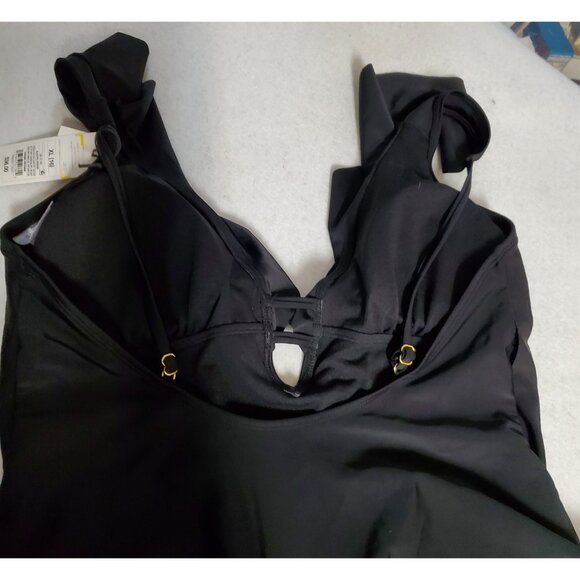 Shade & Shore Women's One Piece Swimsuit XL Black Ruffle Plunge NWT Medium Seat - Picture 7 of 16